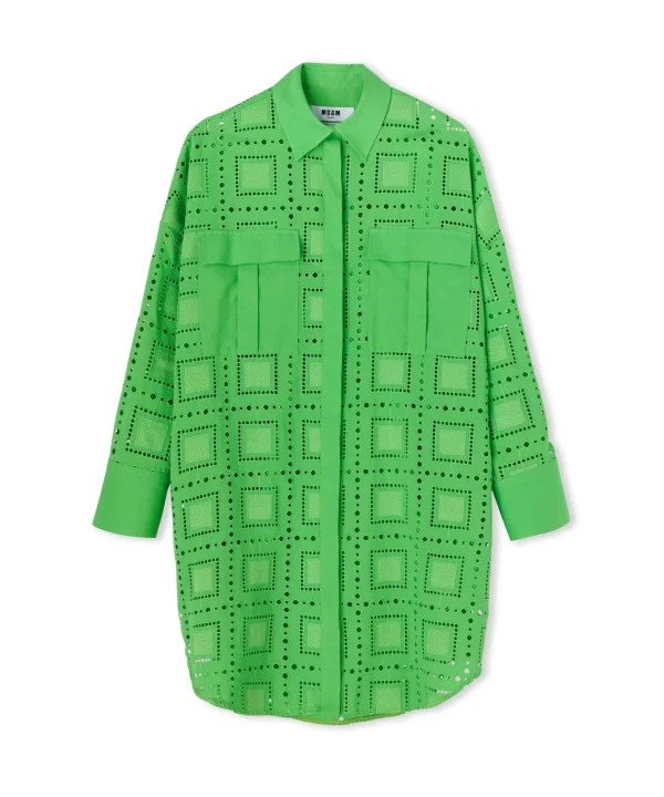 MSGM Abito Chemisier In Cotone Sangallo Green Fashion