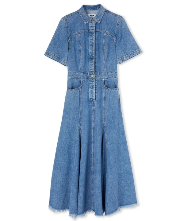 MSGM Abito Midi Di Jeans Con Maniche Corte E Gonna A Ruota Blue Flash Sale