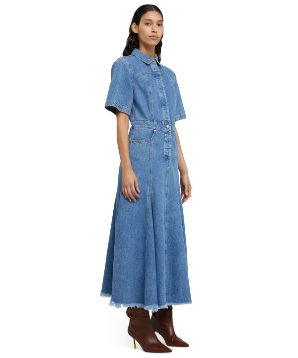 MSGM Abito Midi Di Jeans Con Maniche Corte E Gonna A Ruota Blue Flash Sale