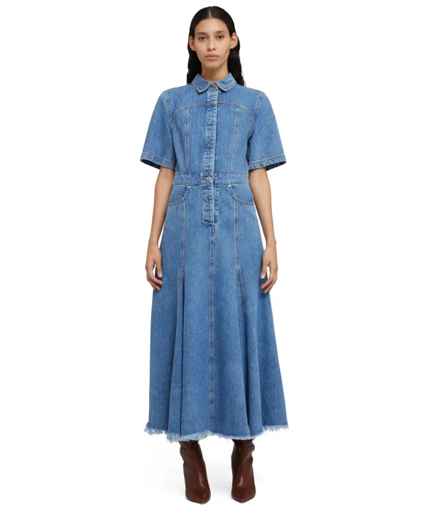 MSGM Abito Midi Di Jeans Con Maniche Corte E Gonna A Ruota Blue Flash Sale