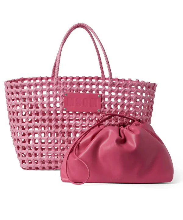 MSGM Basket Net Bag Con Mini Pouch Corredata In Ecopelle Pink Fluo New