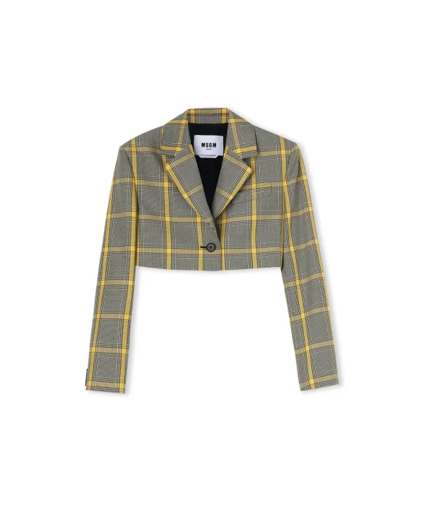 MSGM Blazer Crop In Pop Prince Of Wales Lemon Yellow Flash Sale