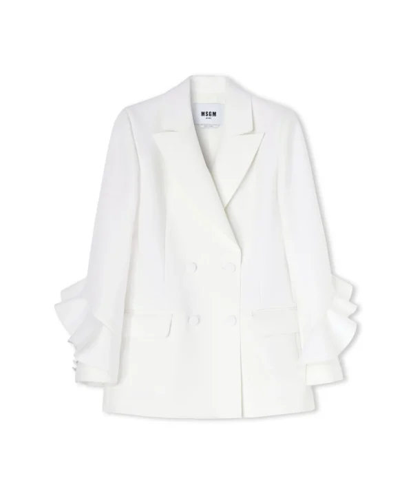 MSGM Blazer Doppiopetto In Double Crepe Cady Con Rouches Applicate White Best Sale