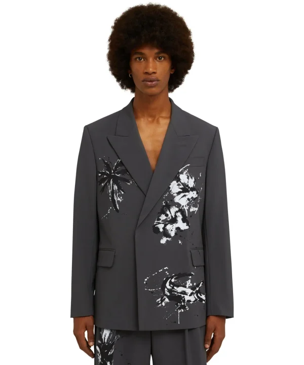 MSGM Blazer Doppiopetto In Fresco Lana Con Stampa Artigianale "Pinapple" Dark Grey New