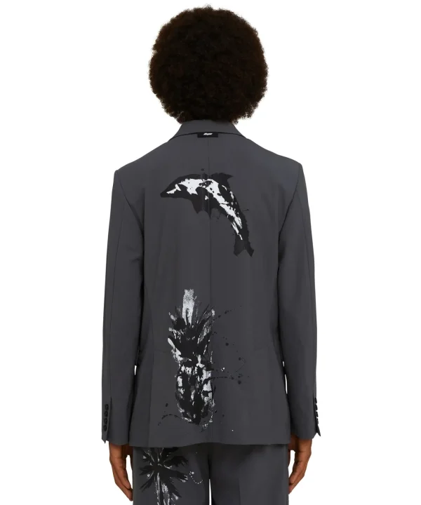 MSGM Blazer Doppiopetto In Fresco Lana Con Stampa Artigianale "Pinapple" Dark Grey New