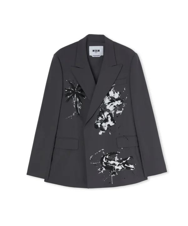 MSGM Blazer Doppiopetto In Fresco Lana Con Stampa Artigianale "Pinapple" Dark Grey New