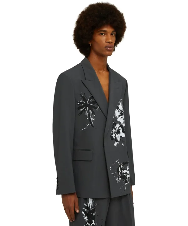 MSGM Blazer Doppiopetto In Fresco Lana Con Stampa Artigianale "Pinapple" Dark Grey New