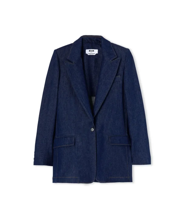 MSGM Blazer Monopetto In Denim Con Cuciture A Contrasto Blue New