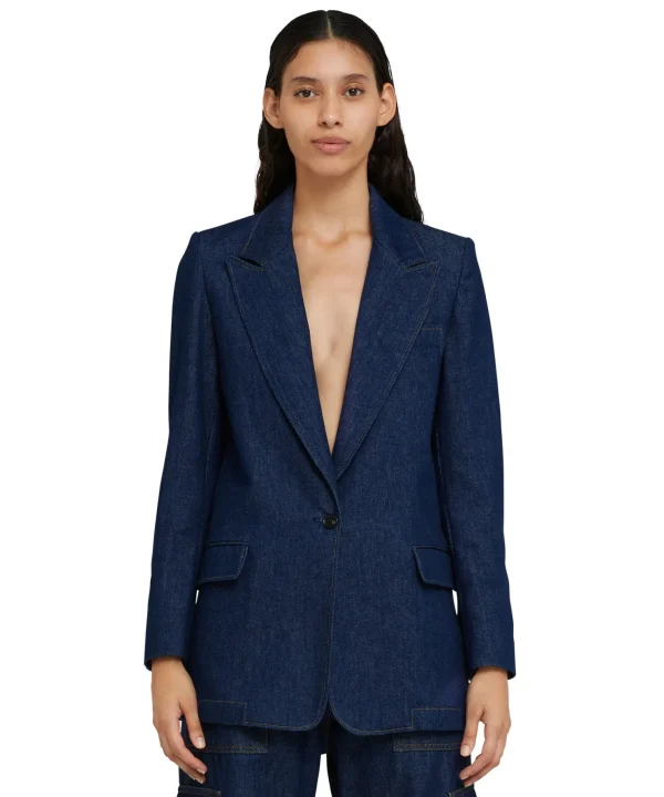 MSGM Blazer Monopetto In Denim Con Cuciture A Contrasto Blue New