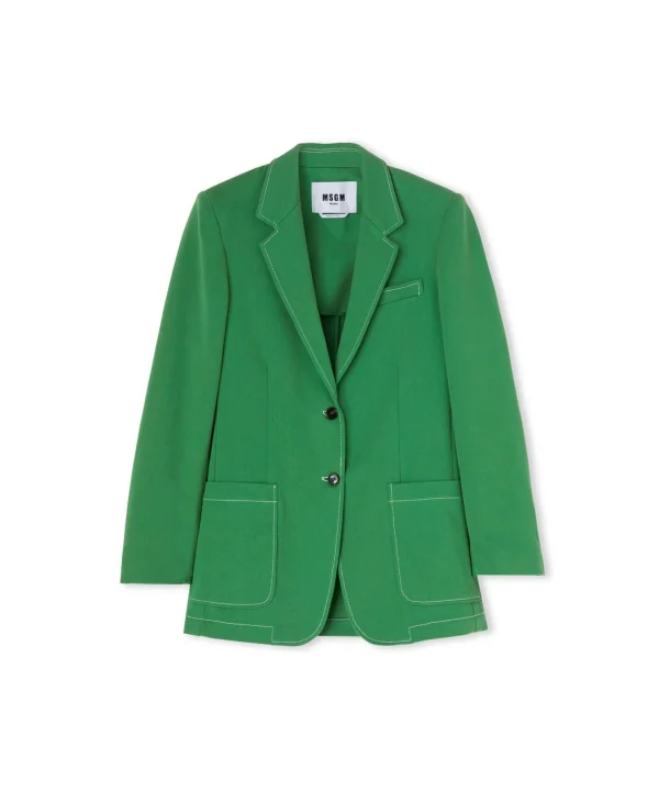 MSGM Blazer Monopetto In Denim Con Cuciture A Contrasto Green Cheap