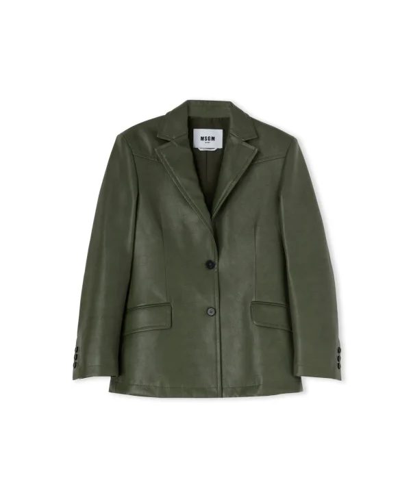 MSGM Blazer Monopetto In Eco-Pelle Military Green Cheap