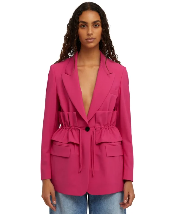 MSGM Blazer Monopetto In Fresco Lana Con Collo A Rever E Rouches In Vita Fucsia Hot