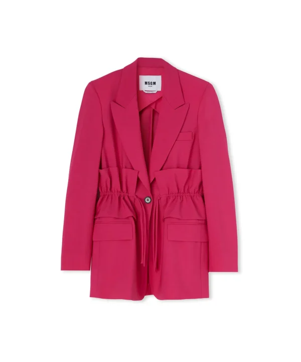 MSGM Blazer Monopetto In Fresco Lana Con Collo A Rever E Rouches In Vita Fucsia Hot