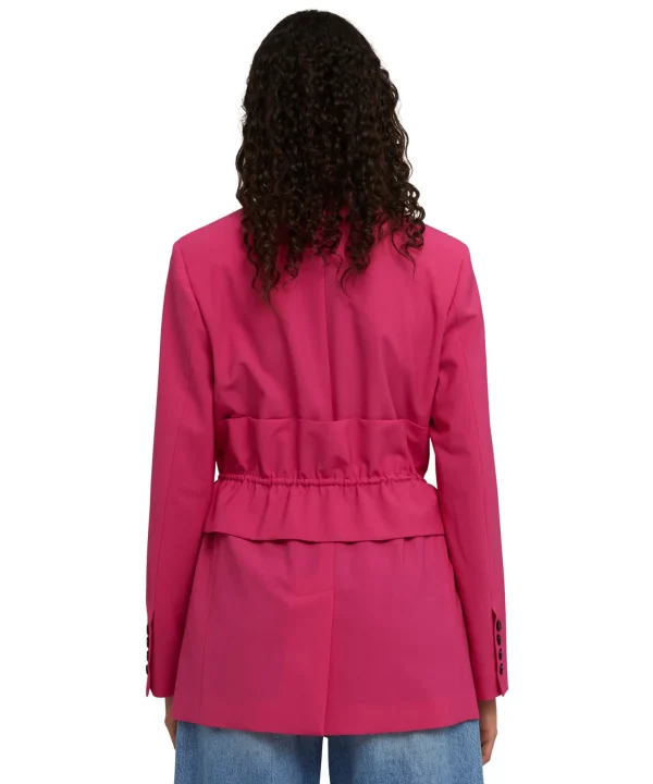 MSGM Blazer Monopetto In Fresco Lana Con Collo A Rever E Rouches In Vita Fucsia Hot