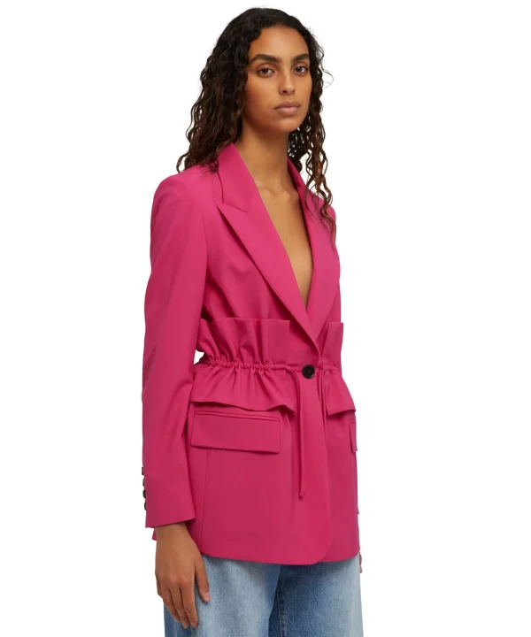 MSGM Blazer Monopetto In Fresco Lana Con Collo A Rever E Rouches In Vita Fucsia Hot