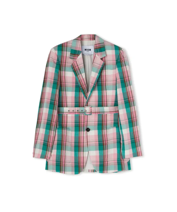 MSGM Blazer Monopetto In Lino Madras Con Cintura In Vita Pink Cheap