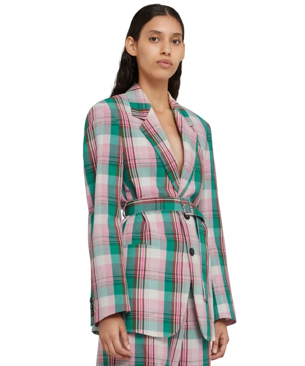 MSGM Blazer Monopetto In Lino Madras Con Cintura In Vita Pink Cheap