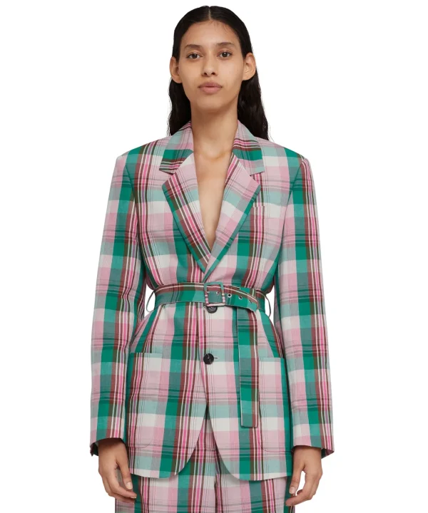 MSGM Blazer Monopetto In Lino Madras Con Cintura In Vita Pink Cheap