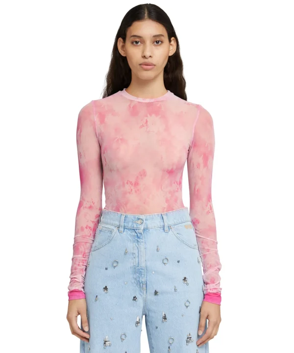 MSGM Blusa Girocollo In Mesh Con Stampa "Trompe L'Oleil Lace" Pink Cheap