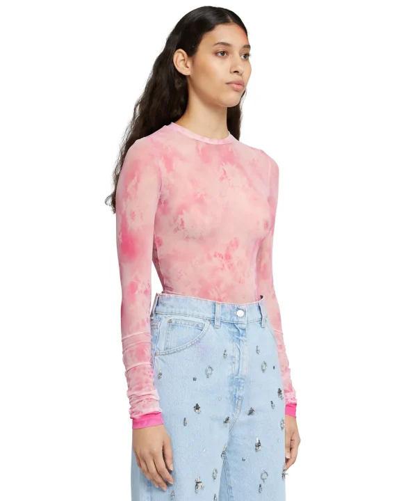 MSGM Blusa Girocollo In Mesh Con Stampa "Trompe L'Oleil Lace" Pink Cheap