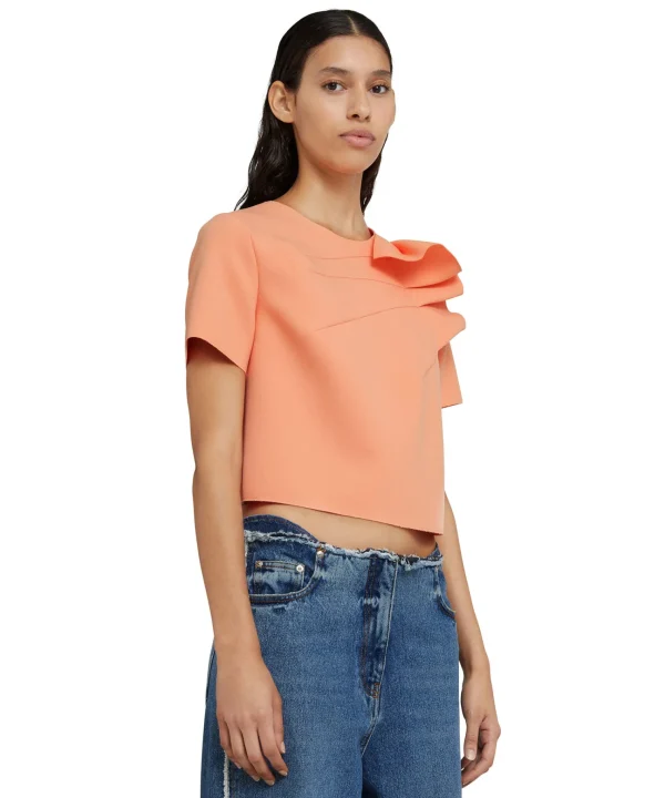 MSGM Blusa In Double Crepe Cady Con Rouches Applicate Orange New