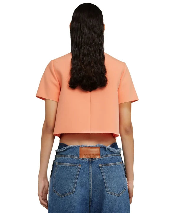 MSGM Blusa In Double Crepe Cady Con Rouches Applicate Orange New