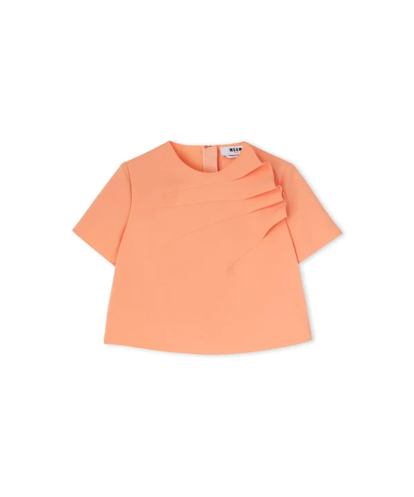 MSGM Blusa In Double Crepe Cady Con Rouches Applicate Orange New