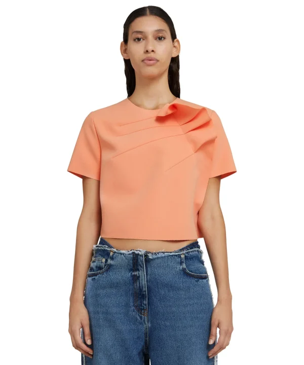 MSGM Blusa In Double Crepe Cady Con Rouches Applicate Orange New