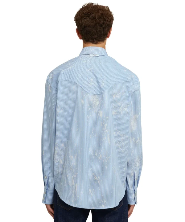 MSGM Camicia A Righe In Cotone Organico Popeline Con Lavaggio Bleached Blue Flash Sale