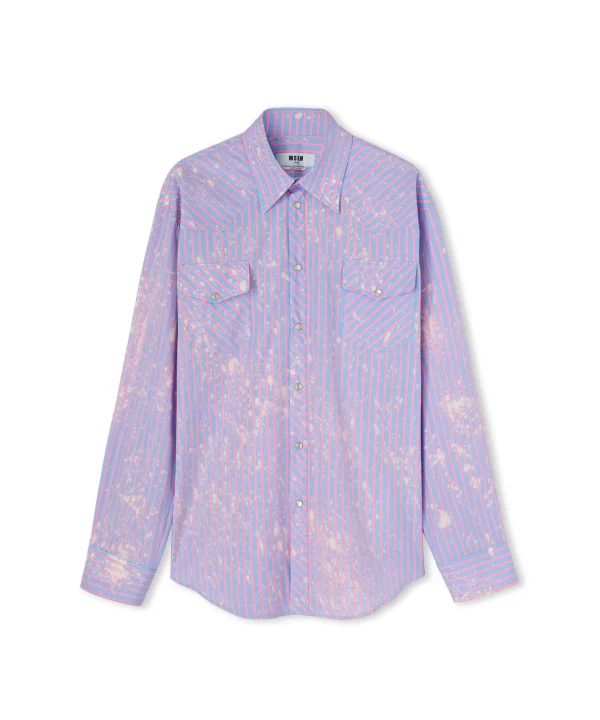 MSGM Camicia A Righe In Cotone Organico Popeline Con Lavaggio Bleached Blue Best