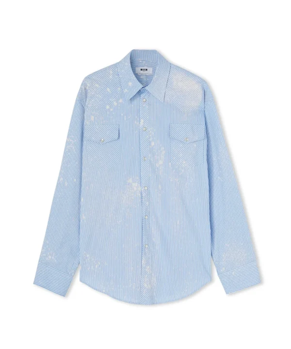 MSGM Camicia A Righe In Cotone Organico Popeline Con Lavaggio Bleached Blue Flash Sale