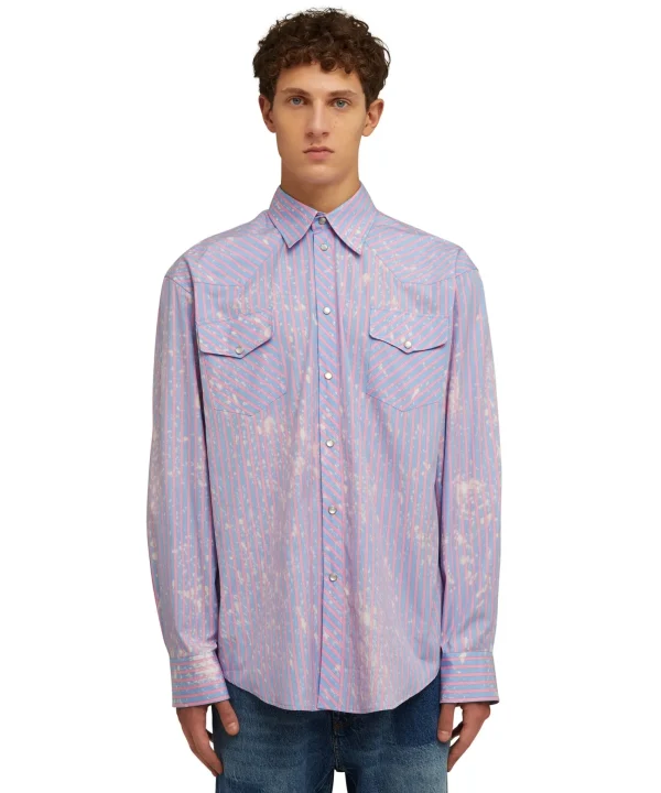 MSGM Camicia A Righe In Cotone Organico Popeline Con Lavaggio Bleached Blue Best