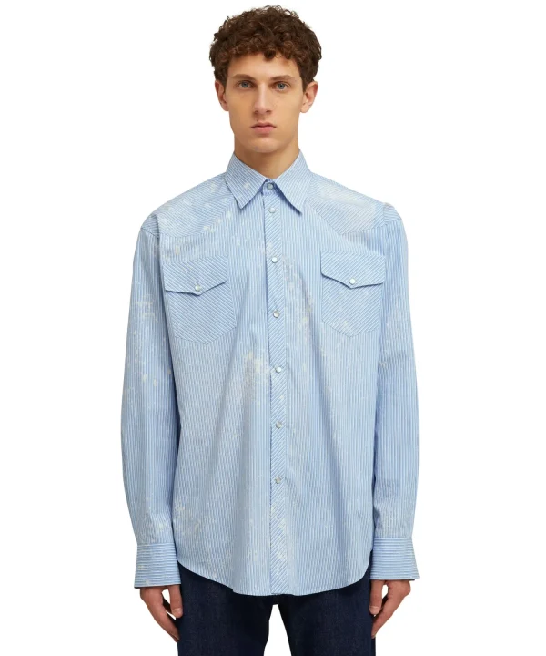 MSGM Camicia A Righe In Cotone Organico Popeline Con Lavaggio Bleached Blue Flash Sale