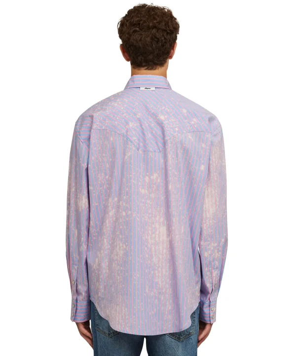 MSGM Camicia A Righe In Cotone Organico Popeline Con Lavaggio Bleached Blue Best