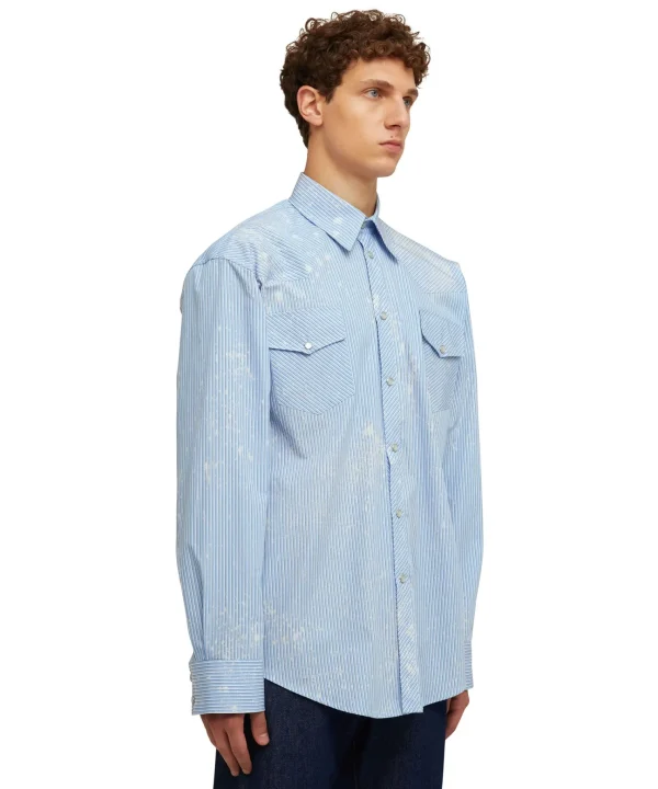 MSGM Camicia A Righe In Cotone Organico Popeline Con Lavaggio Bleached Blue Flash Sale