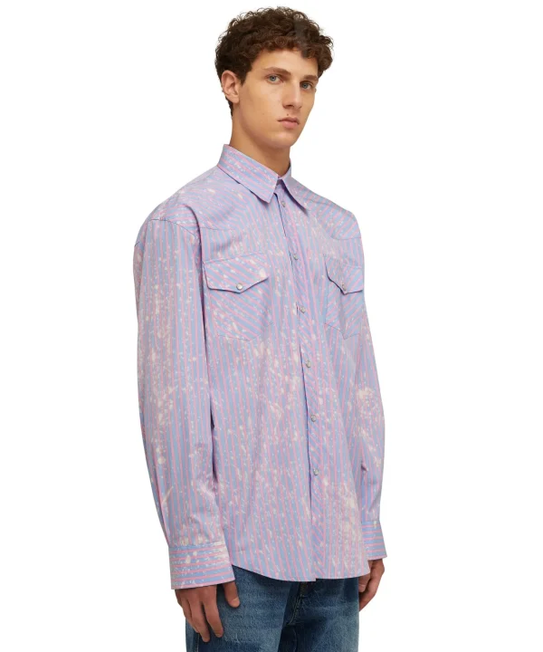 MSGM Camicia A Righe In Cotone Organico Popeline Con Lavaggio Bleached Blue Best