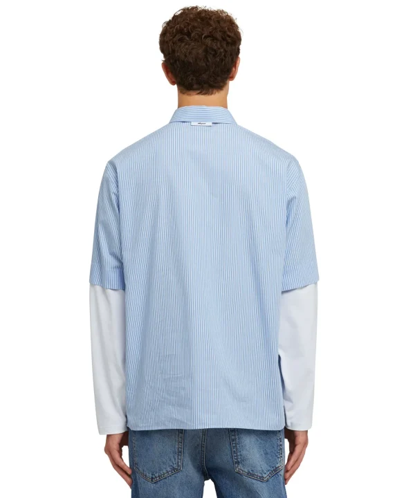 MSGM Camicia Bacchettata In Cotone Popeline Con Maniche Maglietta Incorporate Blue Sale