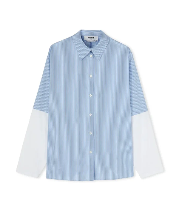 MSGM Camicia Bacchettata In Cotone Popeline Con Maniche Maglietta Incorporate Blue Sale