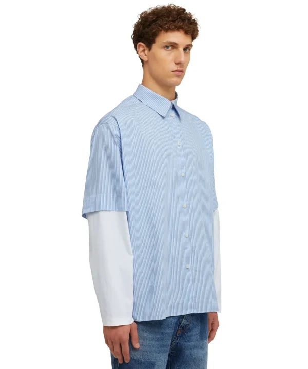 MSGM Camicia Bacchettata In Cotone Popeline Con Maniche Maglietta Incorporate Blue Sale