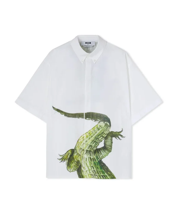 MSGM Camicia In Cotone Organico Popeline Con Stampa "Crocodile" White Hot