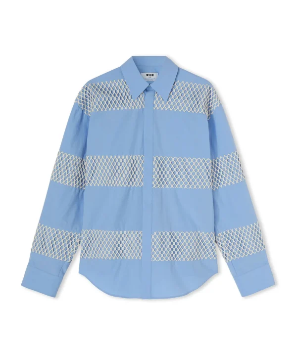 MSGM Camicia In Cotone Organico Popeline Con Dettagli In Rete Blue Hot