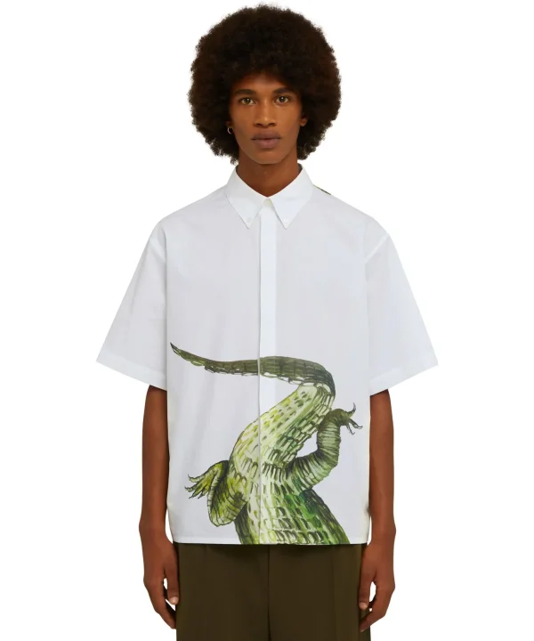 MSGM Camicia In Cotone Organico Popeline Con Stampa "Crocodile" White Hot