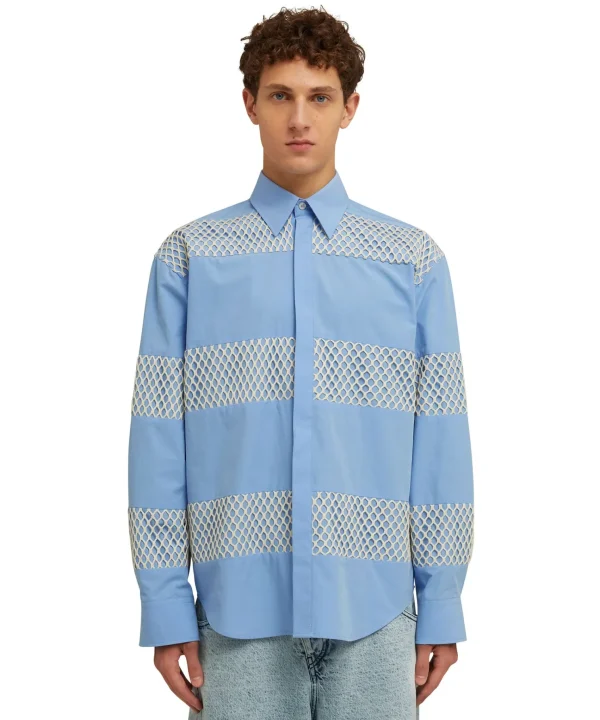 MSGM Camicia In Cotone Organico Popeline Con Dettagli In Rete Blue Hot