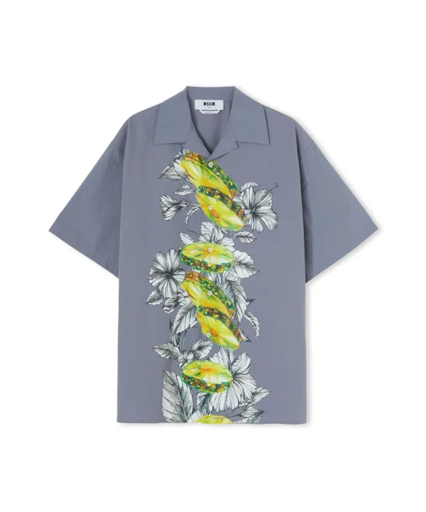 MSGM Camicia In Cotone Organico Popeline Con Stampa "Pineapple" Grey Best Sale