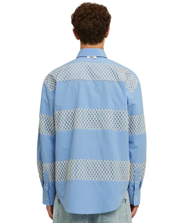 MSGM Camicia In Cotone Organico Popeline Con Dettagli In Rete Blue Hot