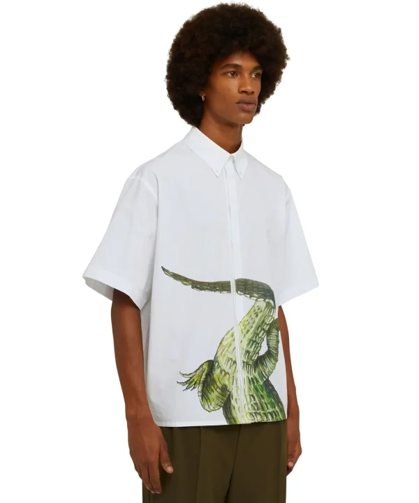 MSGM Camicia In Cotone Organico Popeline Con Stampa "Crocodile" White Hot