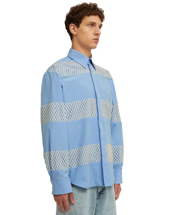 MSGM Camicia In Cotone Organico Popeline Con Dettagli In Rete Blue Hot