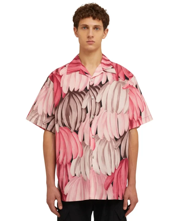 MSGM Camicia In Cotone Popeline Con Stampa "Bananas" Pink Best Sale