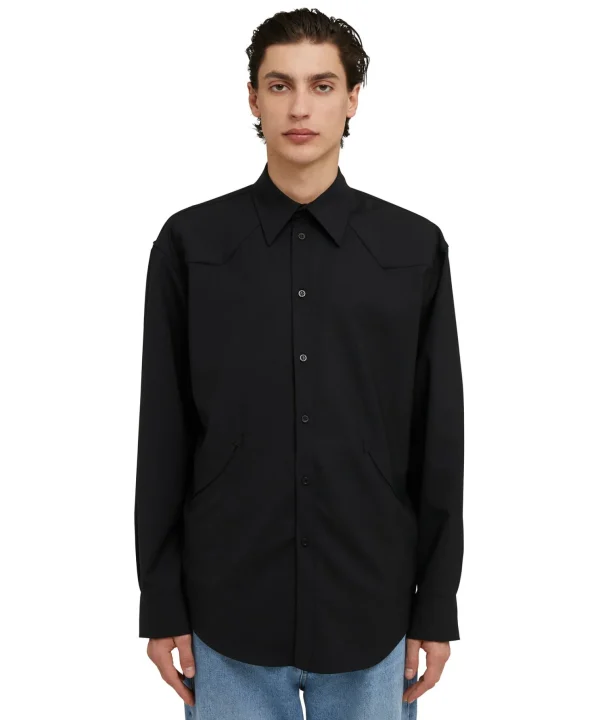 MSGM Camicia In Fresco Lana Tinta Unita Con Dettagli Western Black Best Sale