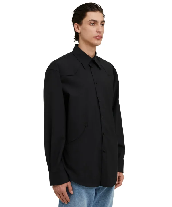 MSGM Camicia In Fresco Lana Tinta Unita Con Dettagli Western Black Best Sale